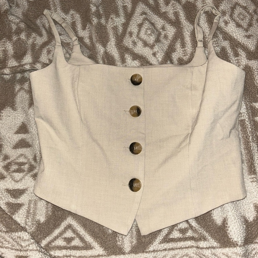 Rachel Zoe Beige Linen-Look Button Front Crop Top